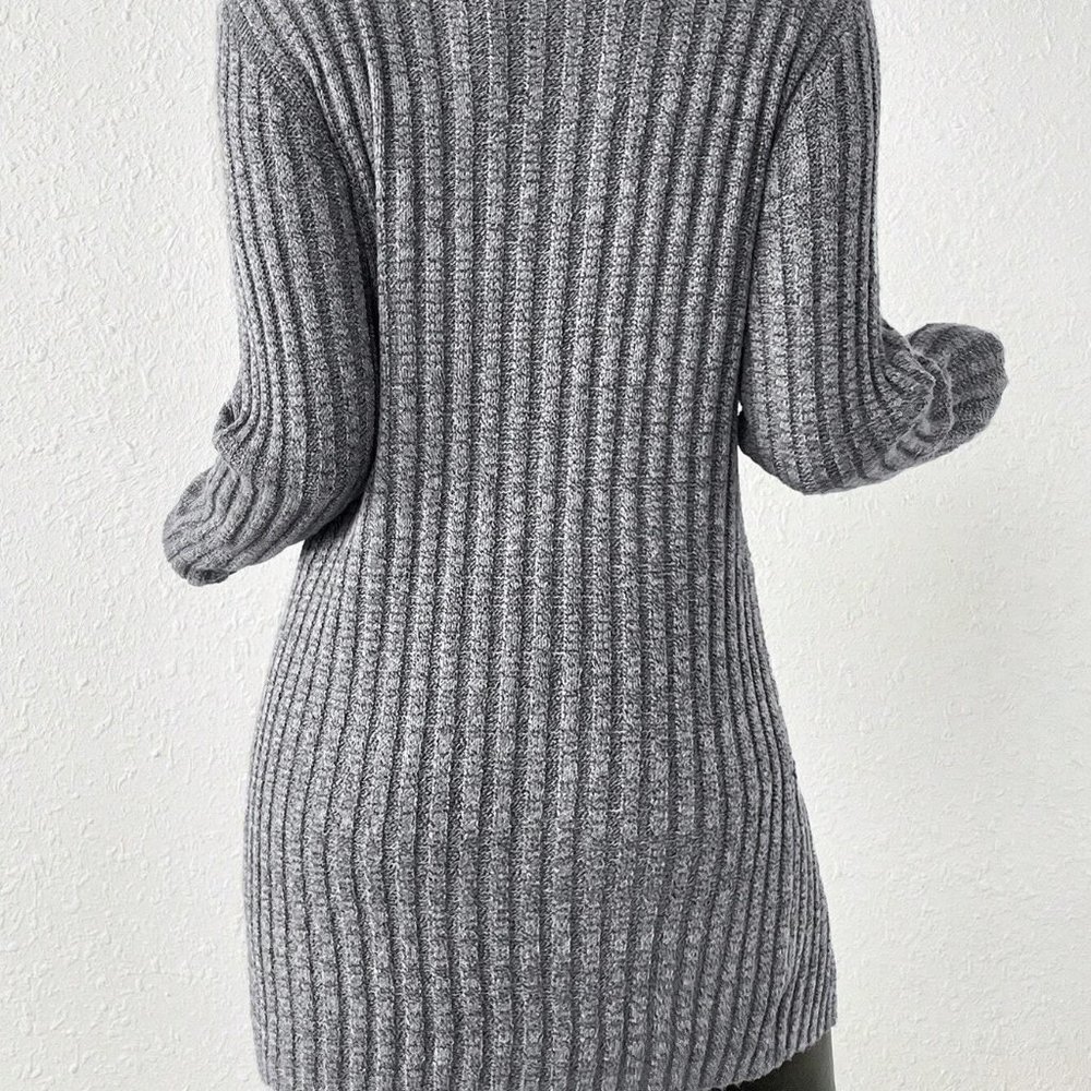 Split Hem Ribbed Knit Longline Sweater Grey - Picture 3 of 5